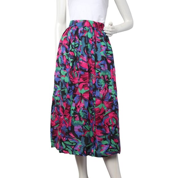 Vintage Floral Midi Cotton Skirt Pleated Cottagecore Summer Bright Pink Blue - Picture 1 of 8